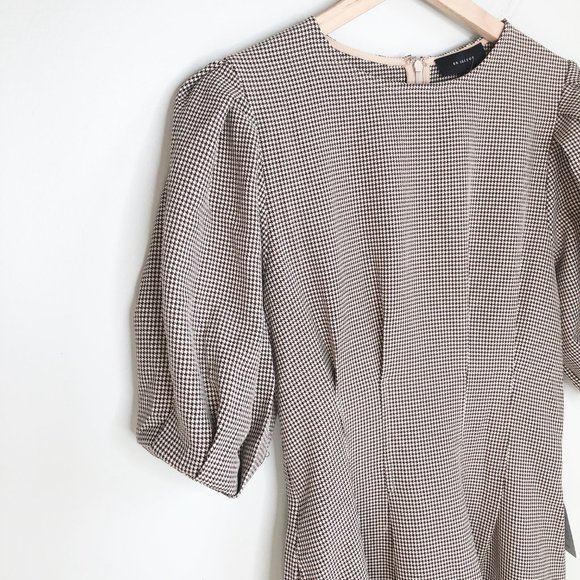 NWT Anthropologie Houndstooth Pleated Puff Sleeve Cottagecore Preppy Midi Dress - Picture 5 of 10